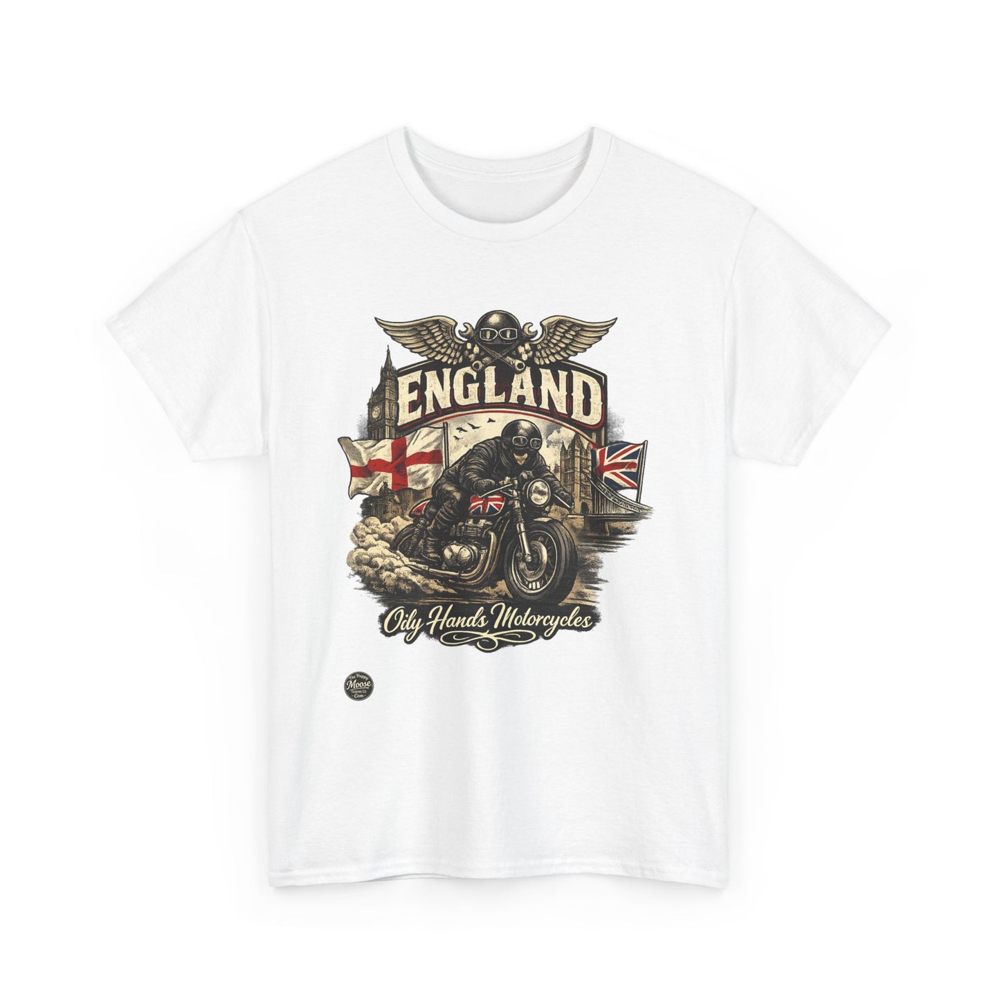 Oily Hands England Motorcycle Tee — Old Hands Biker Vintage Flag Graphic T-Shirt #009 E