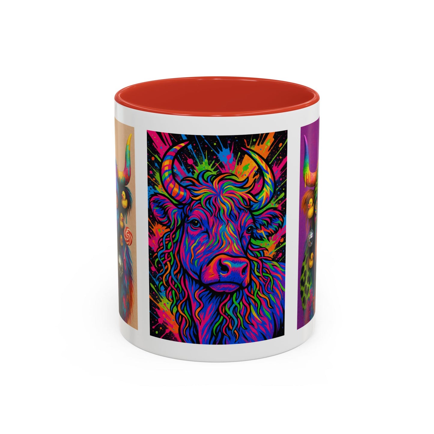 Psychedelic Highland Cow Accent Coffee Mug — Colorful Neon Farm Animal Art (11/15 oz)