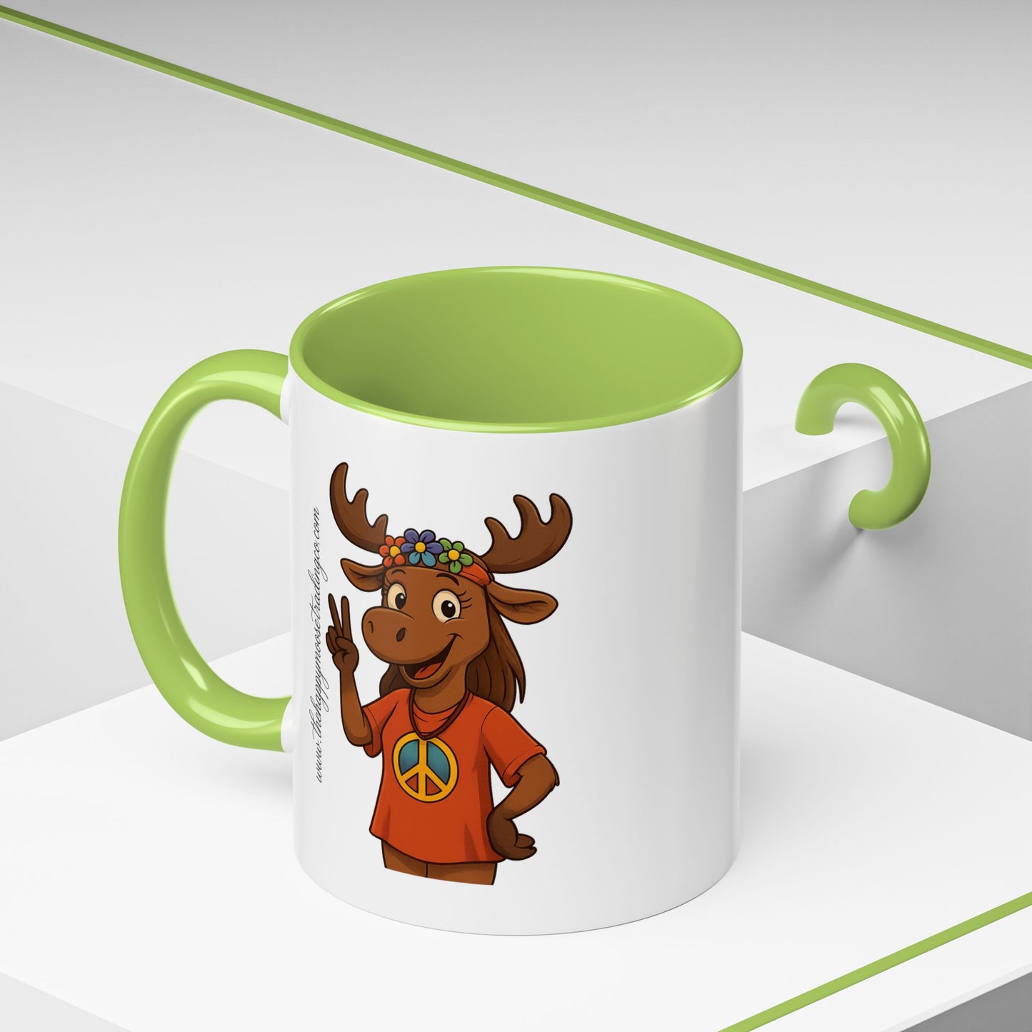 Peace Sign Moose Accent Coffee Mug — Hippie Moose with Flower Crown (11/15oz)