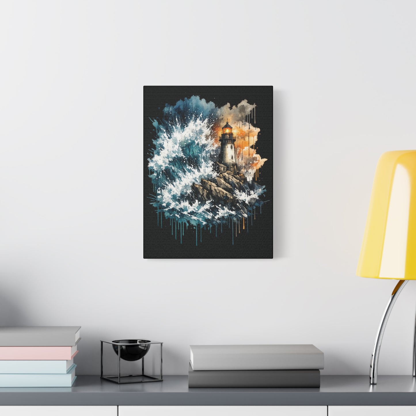 Lighthouse Storm Matte Canvas Wall Art — Dramatic Ocean Wave Seascape C001