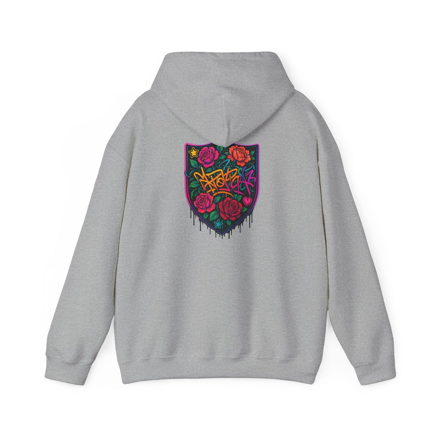Graffiti Rose Shield Hoodie – Urban Floral Streetwear Sweatshirt