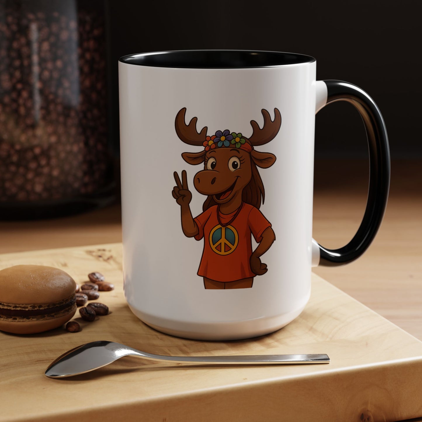 Peace Sign Moose Accent Coffee Mug — Hippie Moose with Flower Crown (11/15oz)