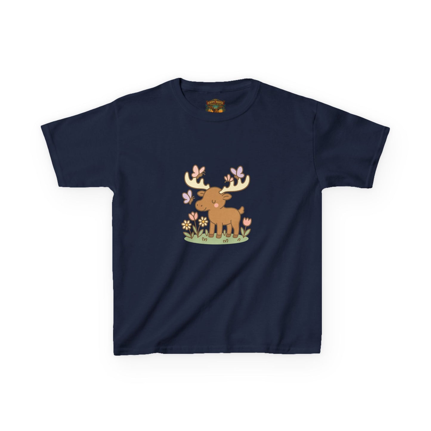 Kids T-Shirt — Cute Woodland Moose with Butterflies Kids Tee