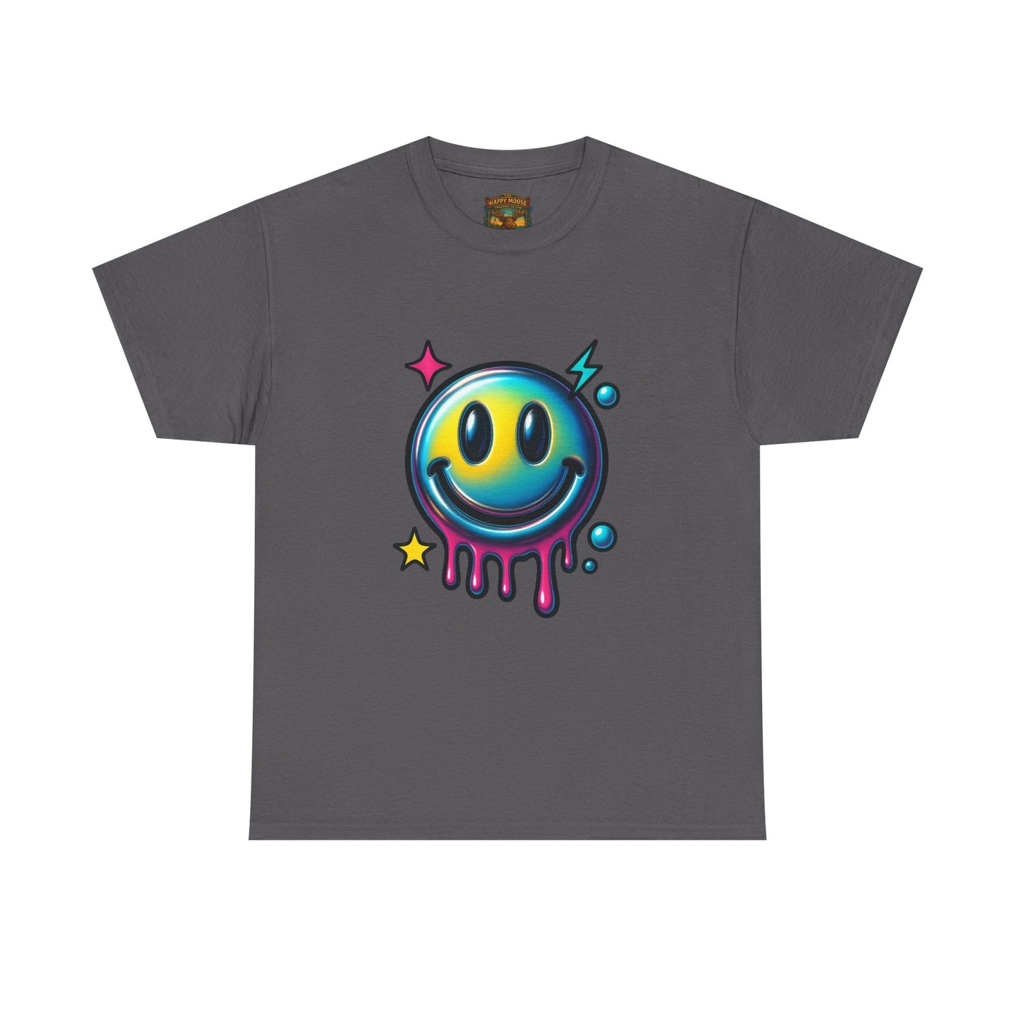 Smiley Drip Graphic Tee — Neon Melting Smiley Face T-Shirt