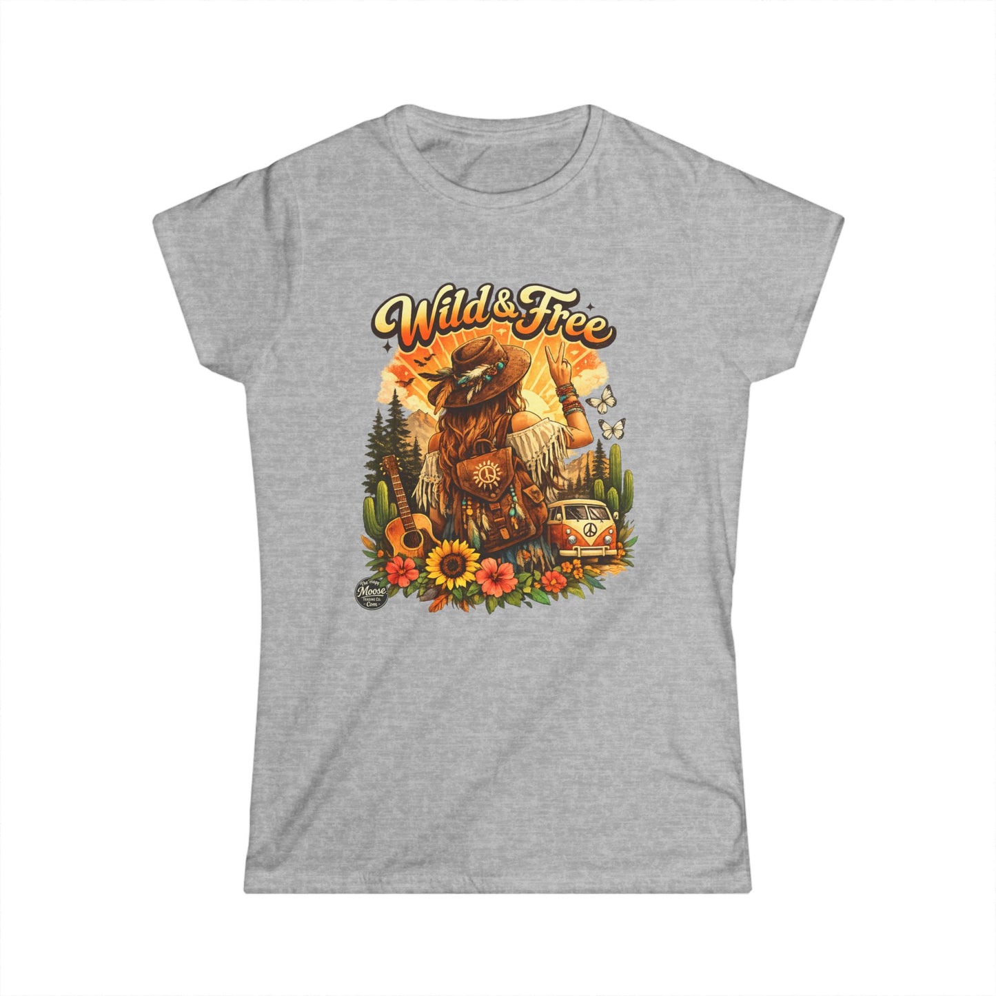 Wild & Free Women's Tee — Boho Vintage Camper T-Shirt with Sunflower & Fox Design