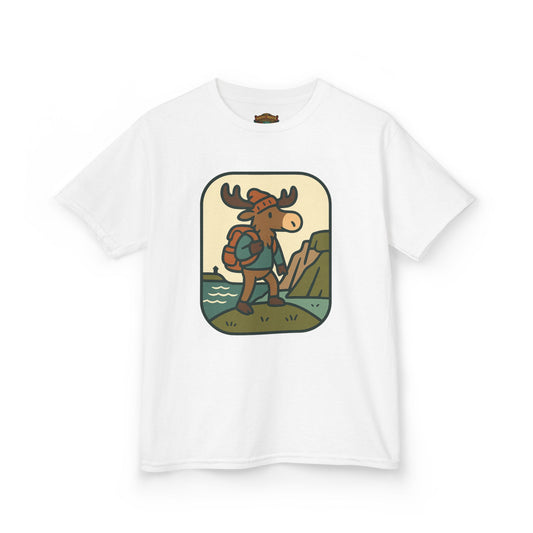 Kids Hiking Moose T‑Shirt — Cute Adventure Backpacker Tee for Boys & Girls