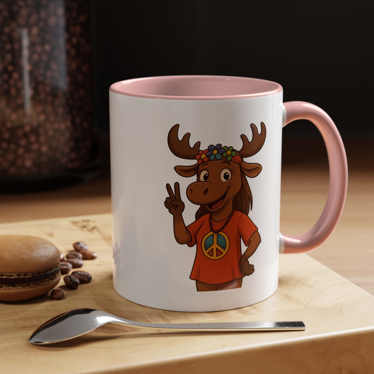 Peace Sign Moose Accent Coffee Mug — Hippie Moose with Flower Crown (11/15oz)