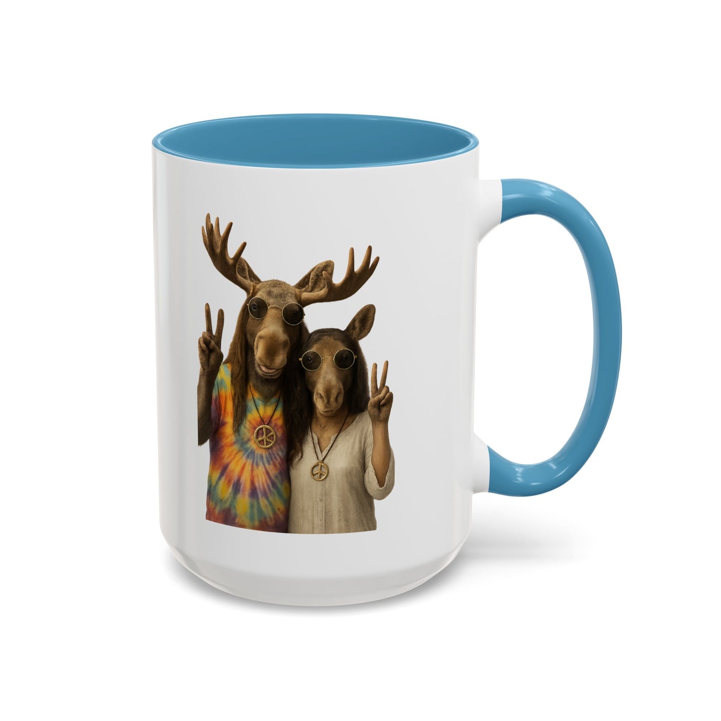 Peaceful Moose Couple Accent Coffee Mug — Hippie Tie-Dye Moose Peace Sign 11/15oz