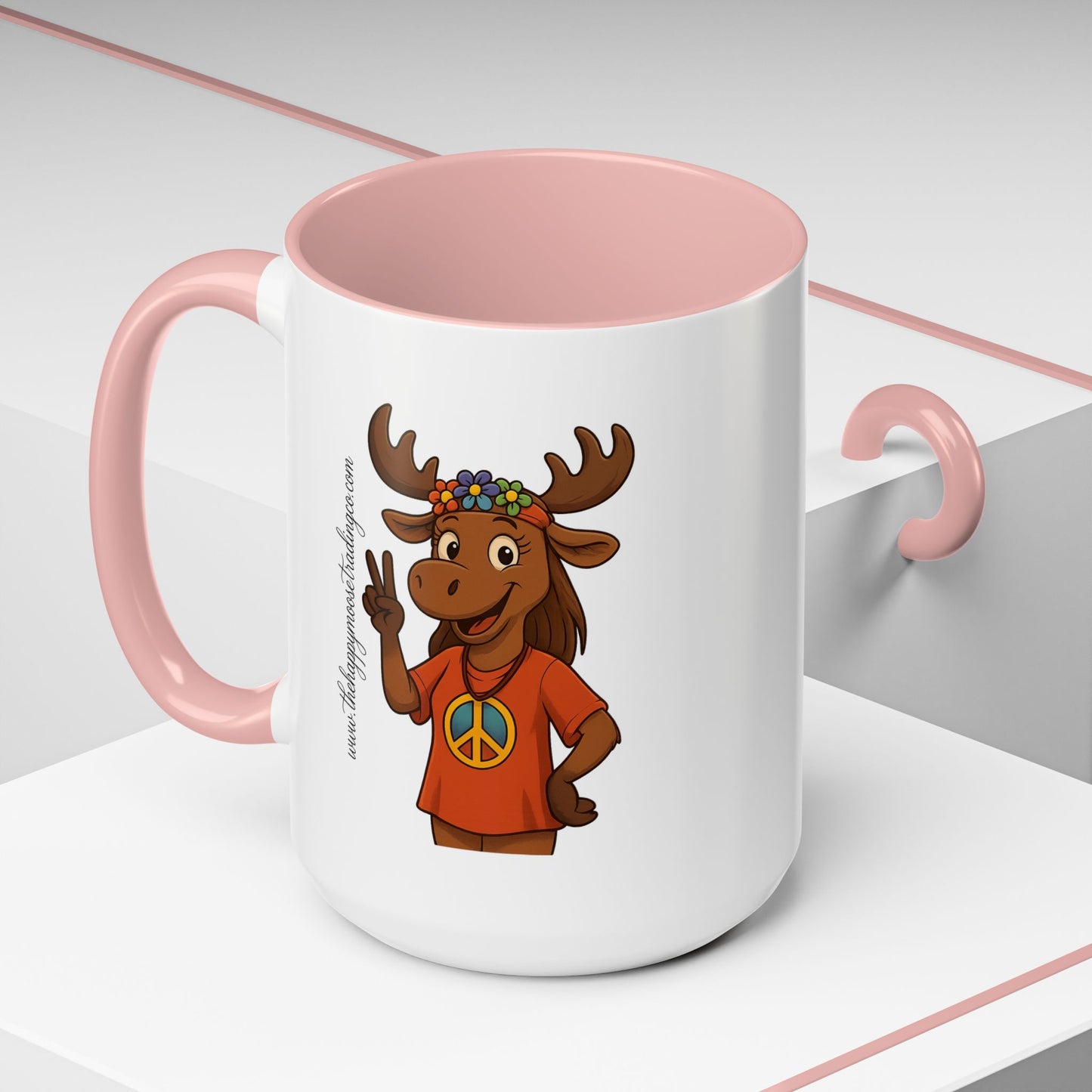 Peace Sign Moose Accent Coffee Mug — Hippie Moose with Flower Crown (11/15oz)