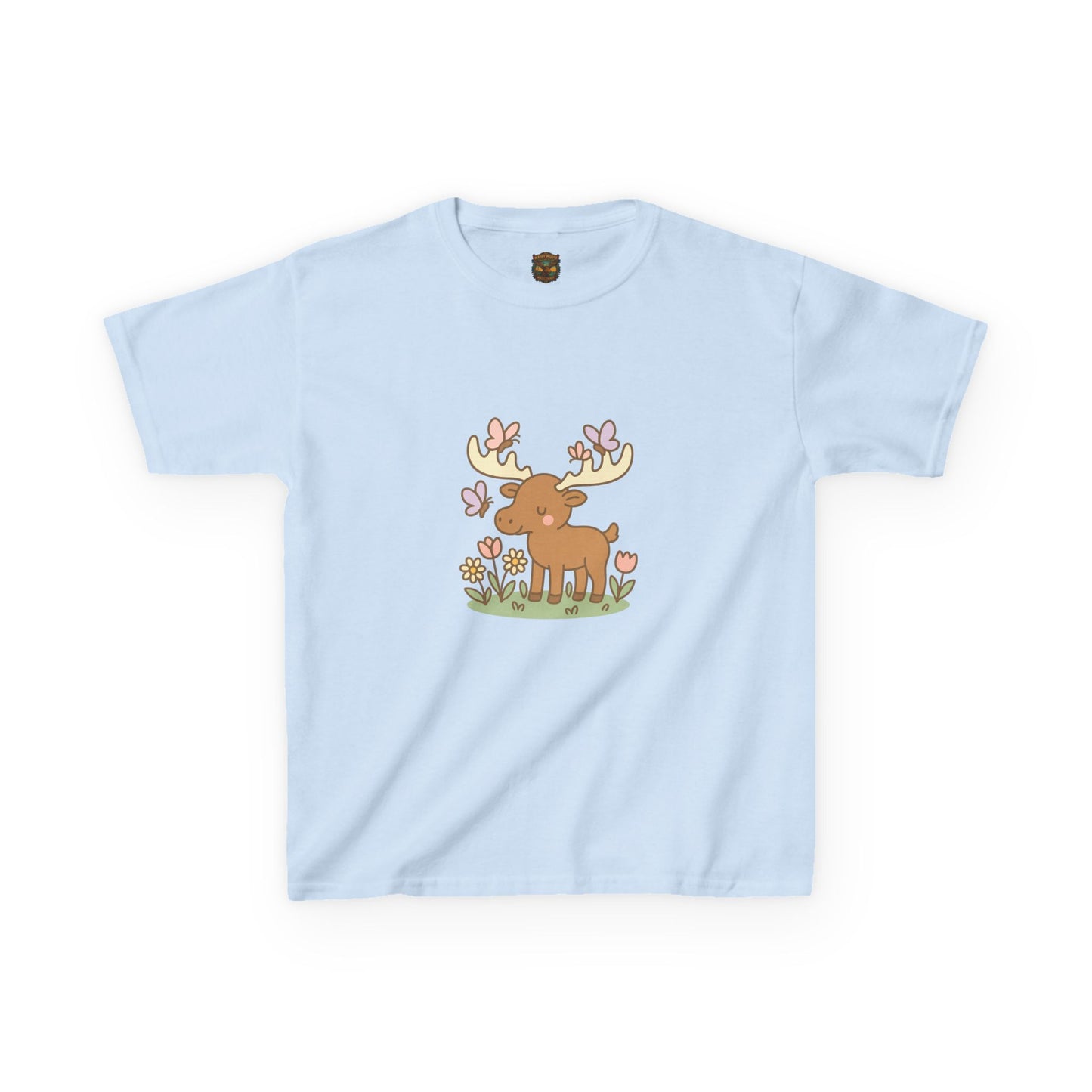 Kids T-Shirt — Cute Woodland Moose with Butterflies Kids Tee