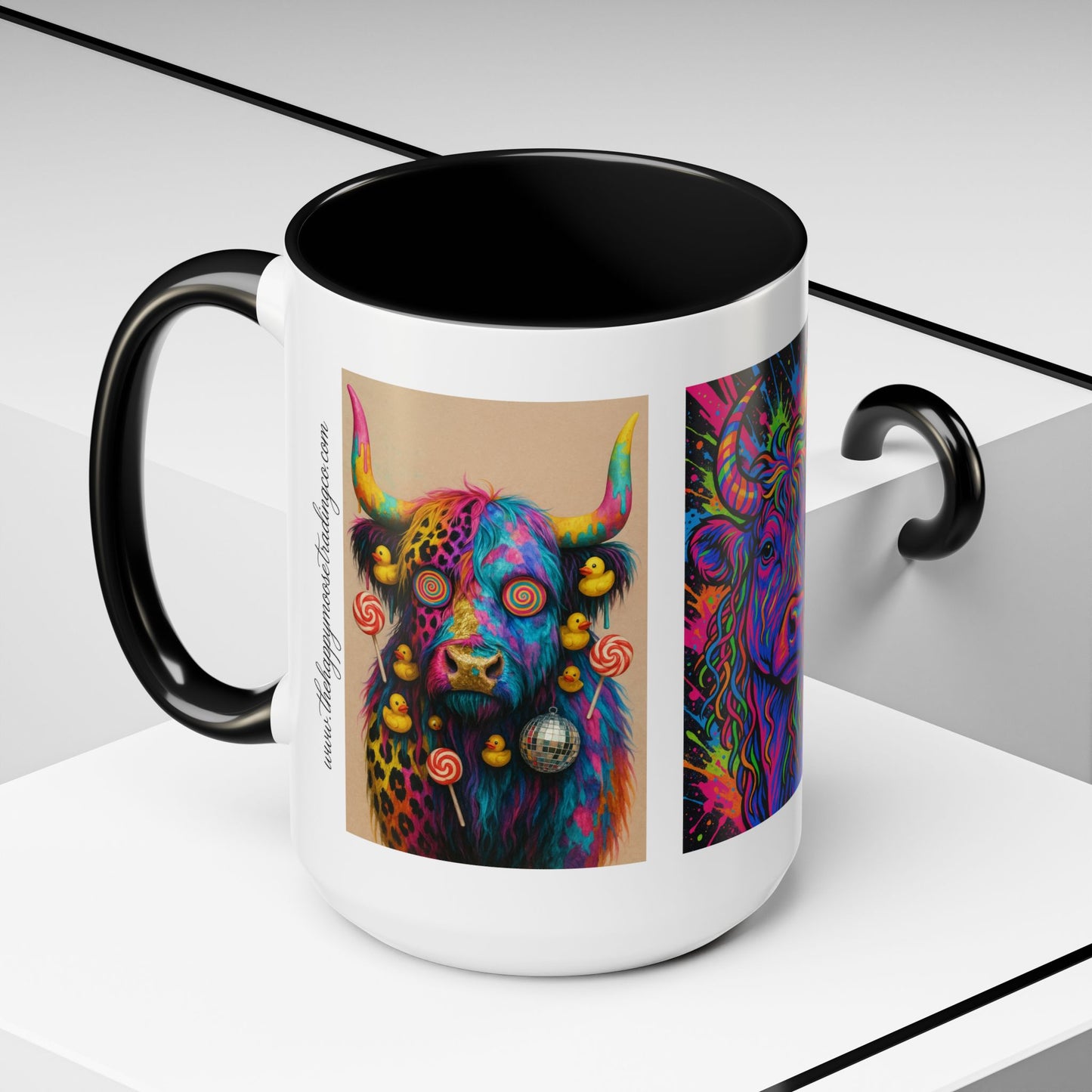 Psychedelic Highland Cow Accent Coffee Mug — Colorful Neon Farm Animal Art (11/15 oz)