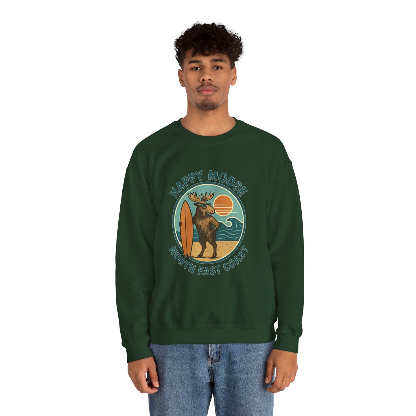 Happy Moose North East Coast Crewneck Sweatshirt — Vintage Surf Moose Graphic