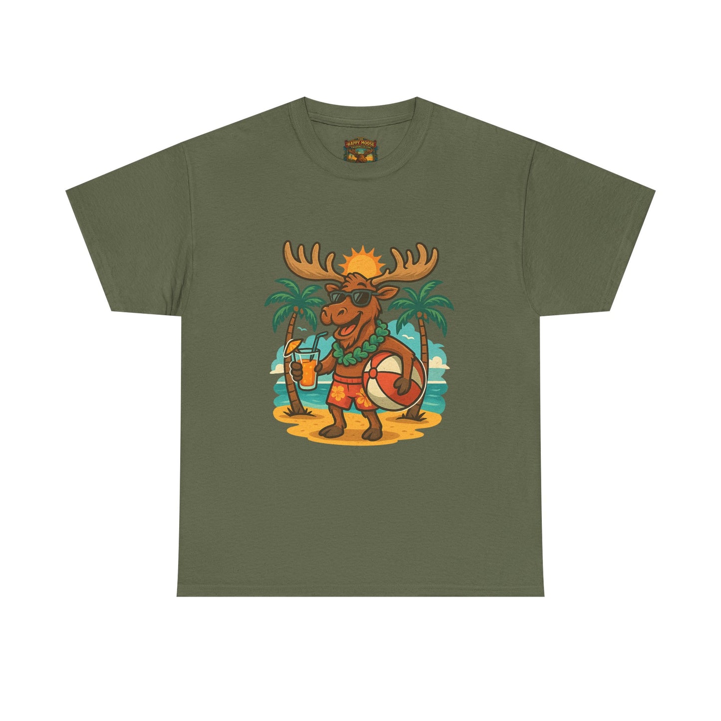 Moose on Vacation T-Shirt — Tropical Retro Moose with Sunglasses & Drink