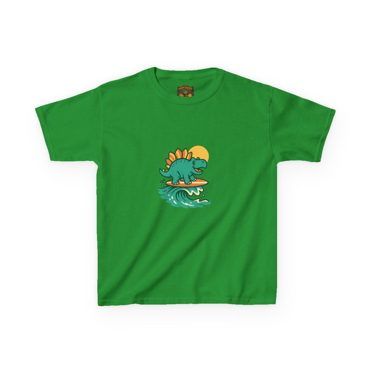 Kids Surfing Dinosaur T-Shirt — Cute Stegosaurus on Wave Graphic Tee