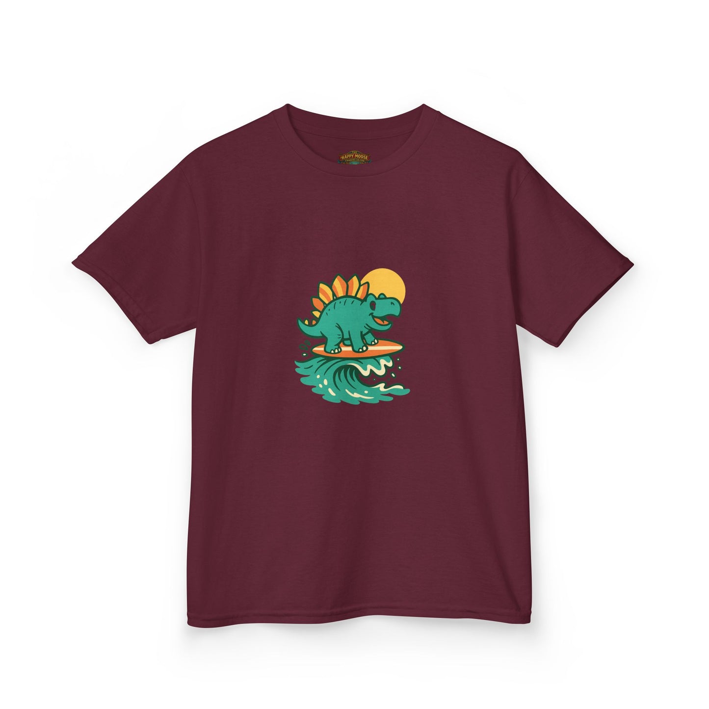 Kids Surfing Dinosaur T-Shirt — Cute Stegosaurus on Wave Graphic Tee