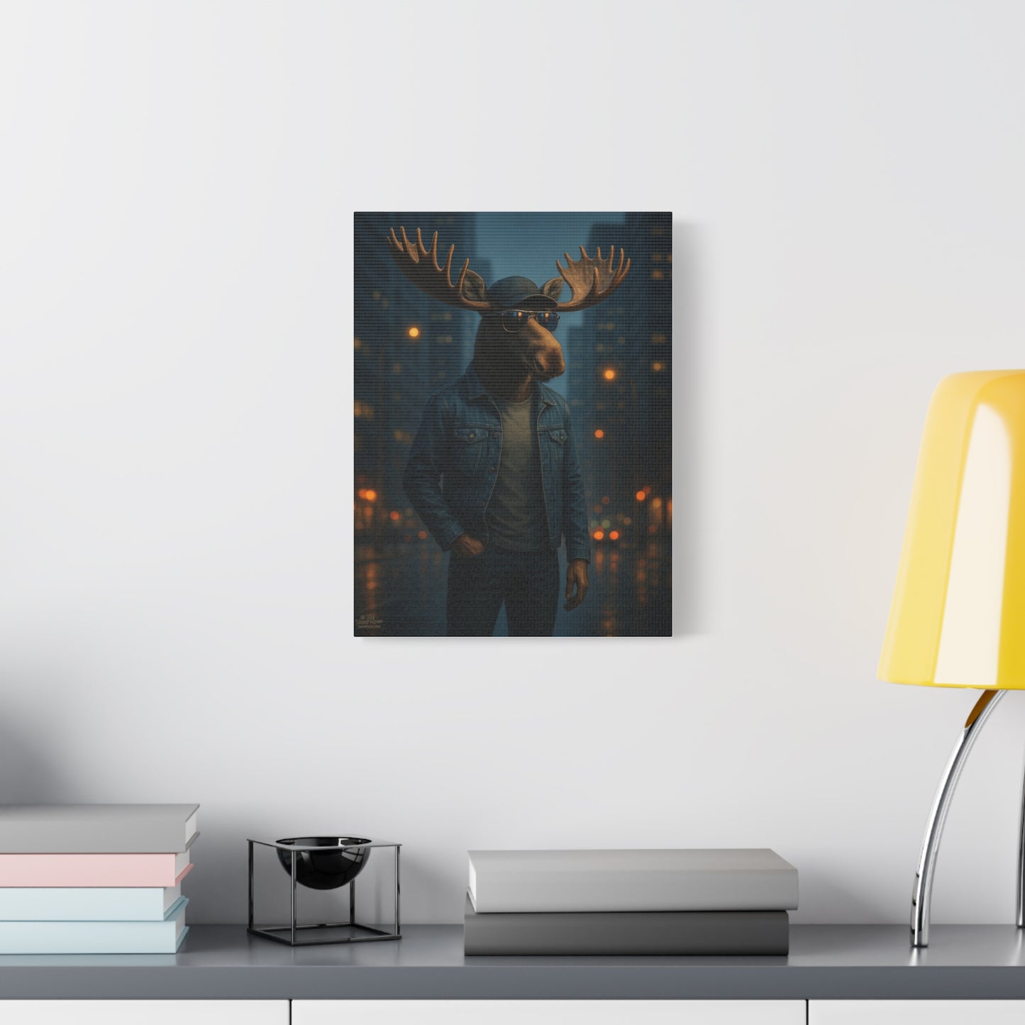 Urban Moose Canvas Print — Cool Moose in Denim Wall Art (Matte Stretched)