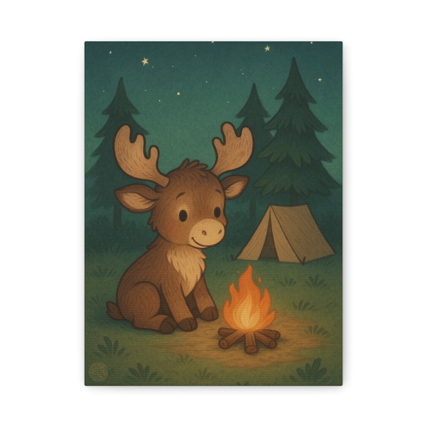 Cute Camping Moose Canvas Print — Kids Woodland Nursery Wall Art