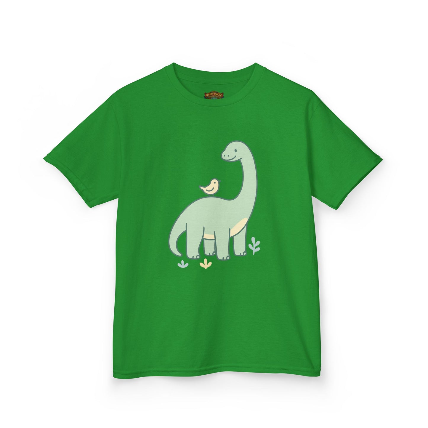 Kids Dino & Bird Tee — Cute Green Brontosaurus Graphic T‑Shirt