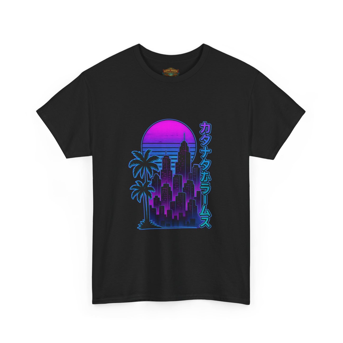 Retro Vaporwave Tee — Neon Sunset City with Palm Trees & Japanese Text