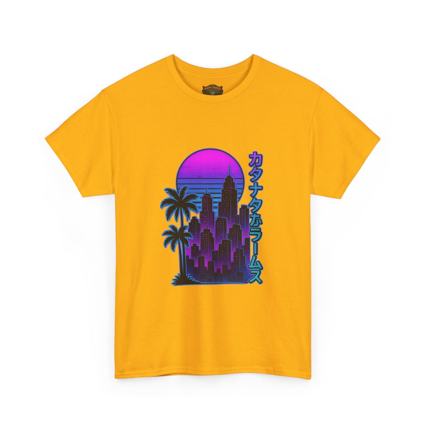 Retro Vaporwave Tee — Neon Sunset City with Palm Trees & Japanese Text