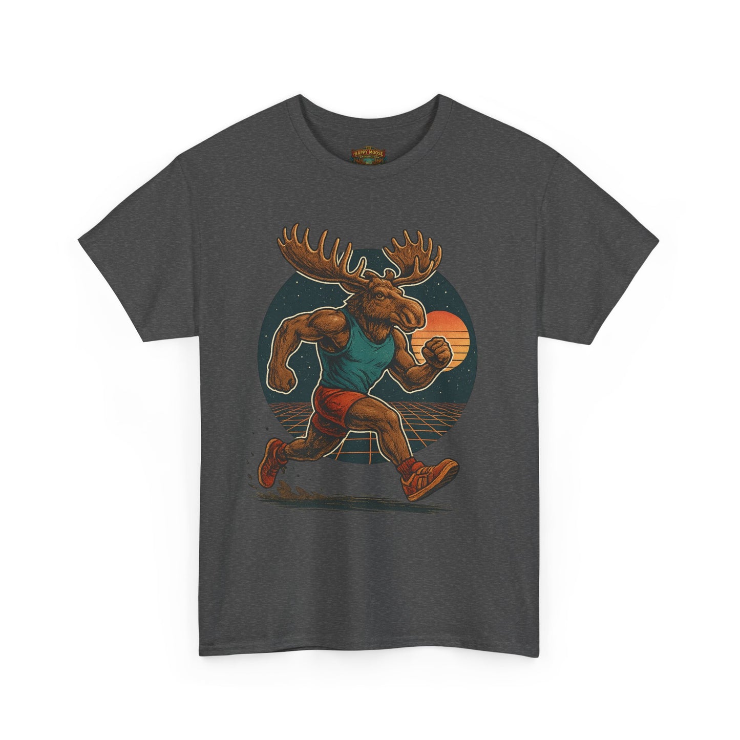 Running Moose Graphic Tee - Retro Sunset Jogging Animal Fitness Shirt