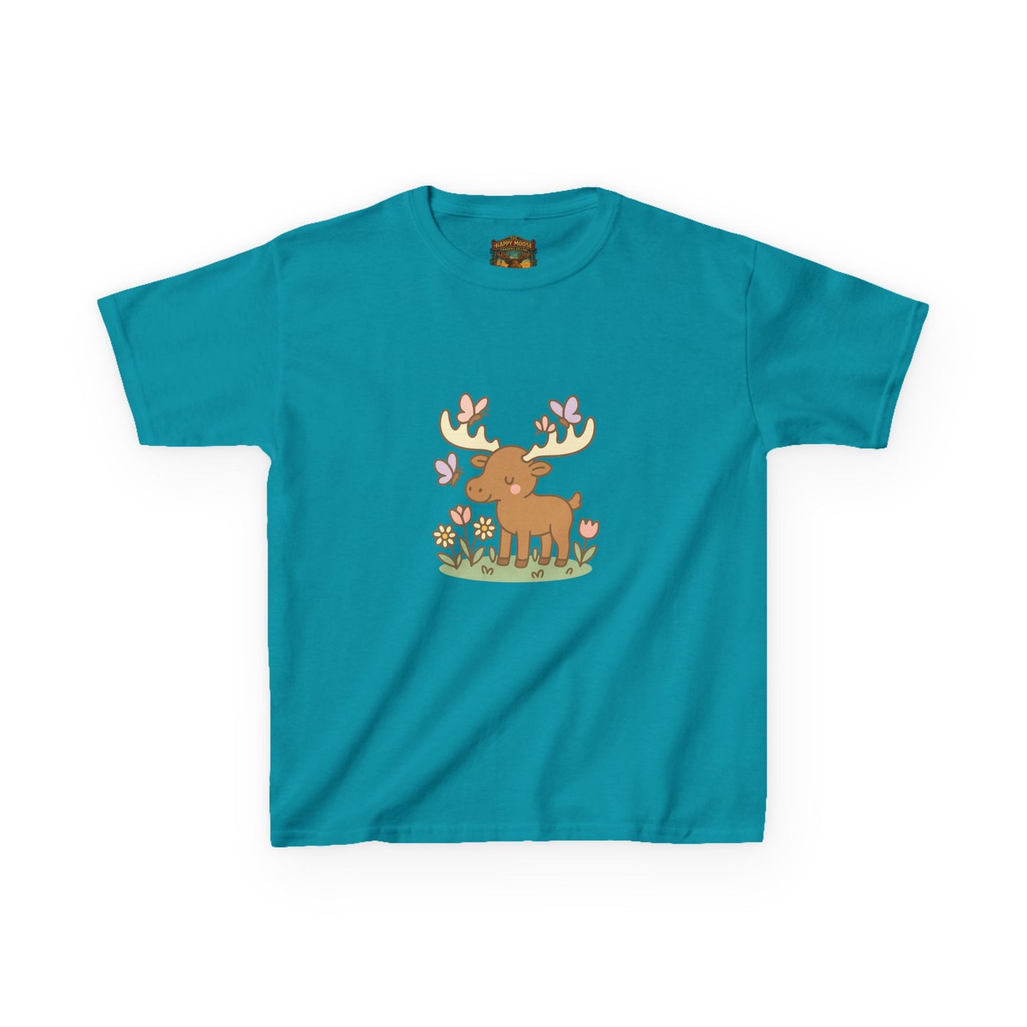 Kids T-Shirt — Cute Woodland Moose with Butterflies Kids Tee