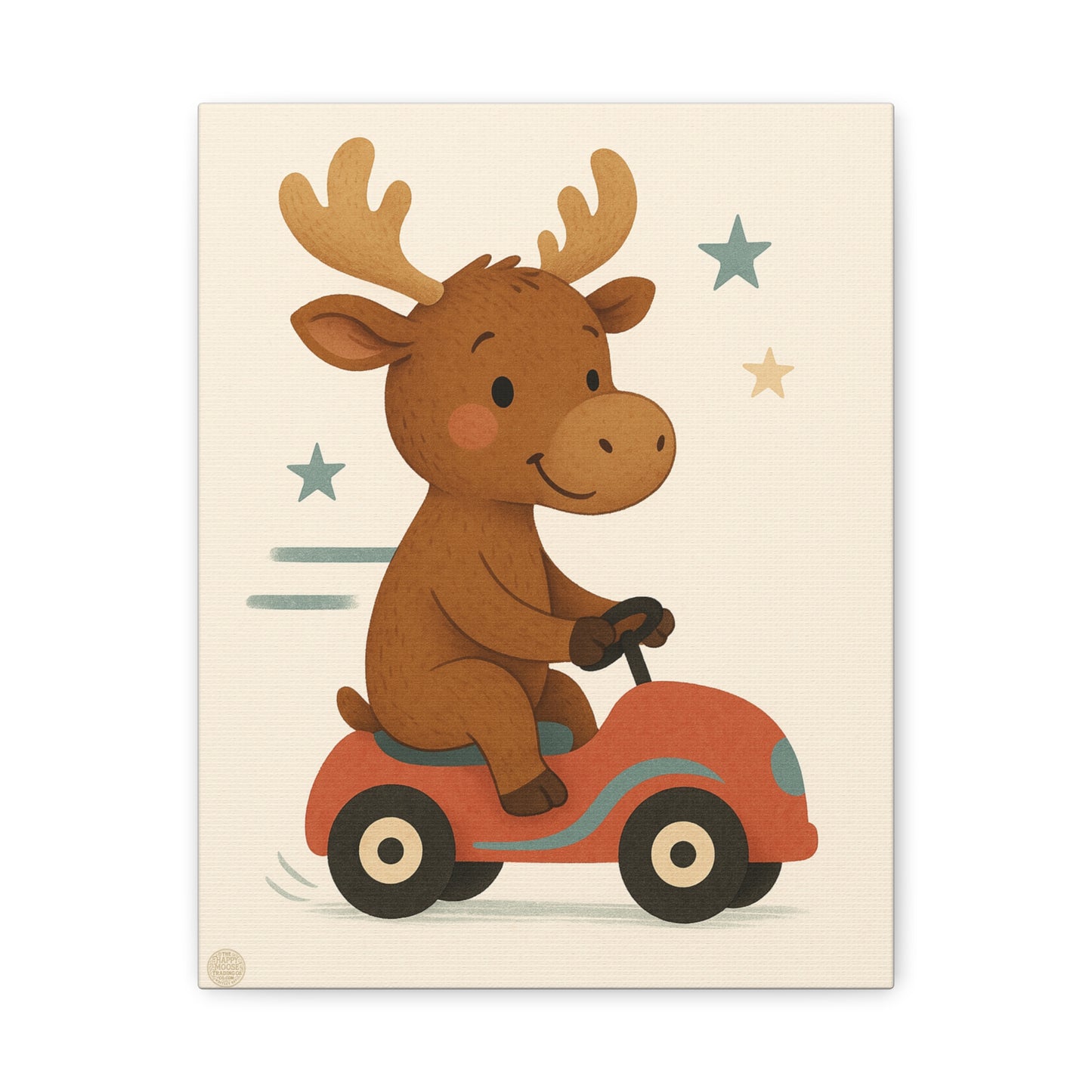 Cute Moose on Red Car Canvas Wall Art – Nursery Kids Decor