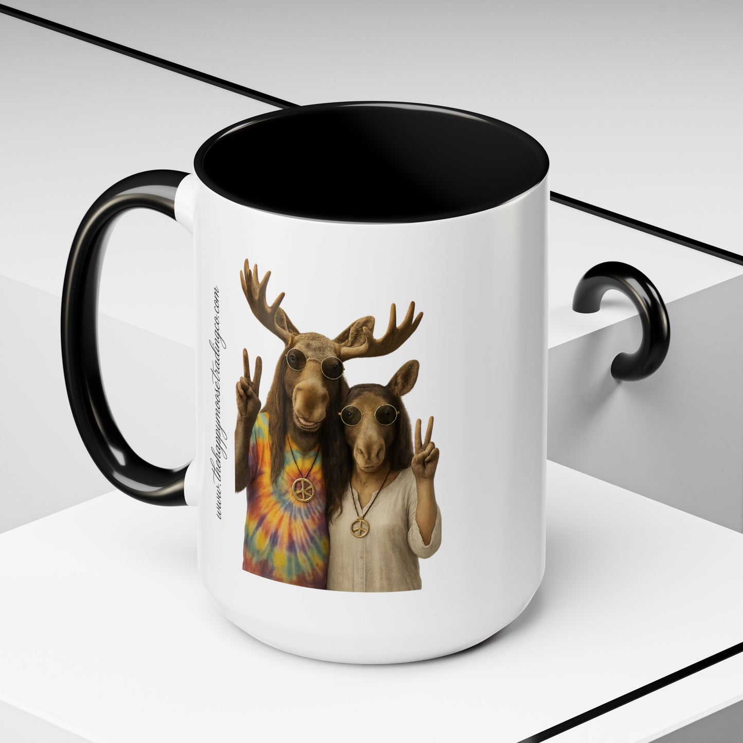 Peaceful Moose Couple Accent Coffee Mug — Hippie Tie-Dye Moose Peace Sign 11/15oz