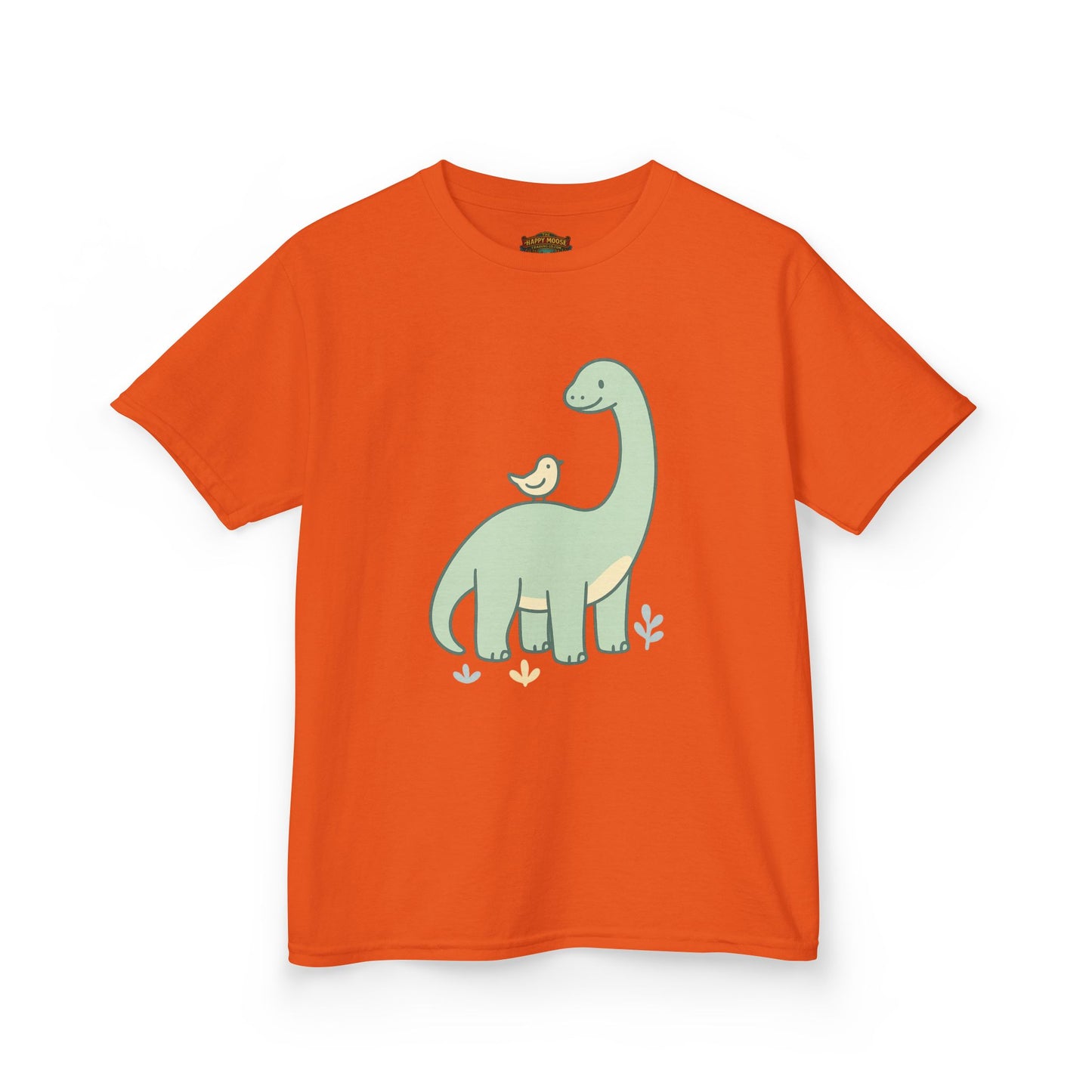 Kids Dino & Bird Tee — Cute Green Brontosaurus Graphic T‑Shirt