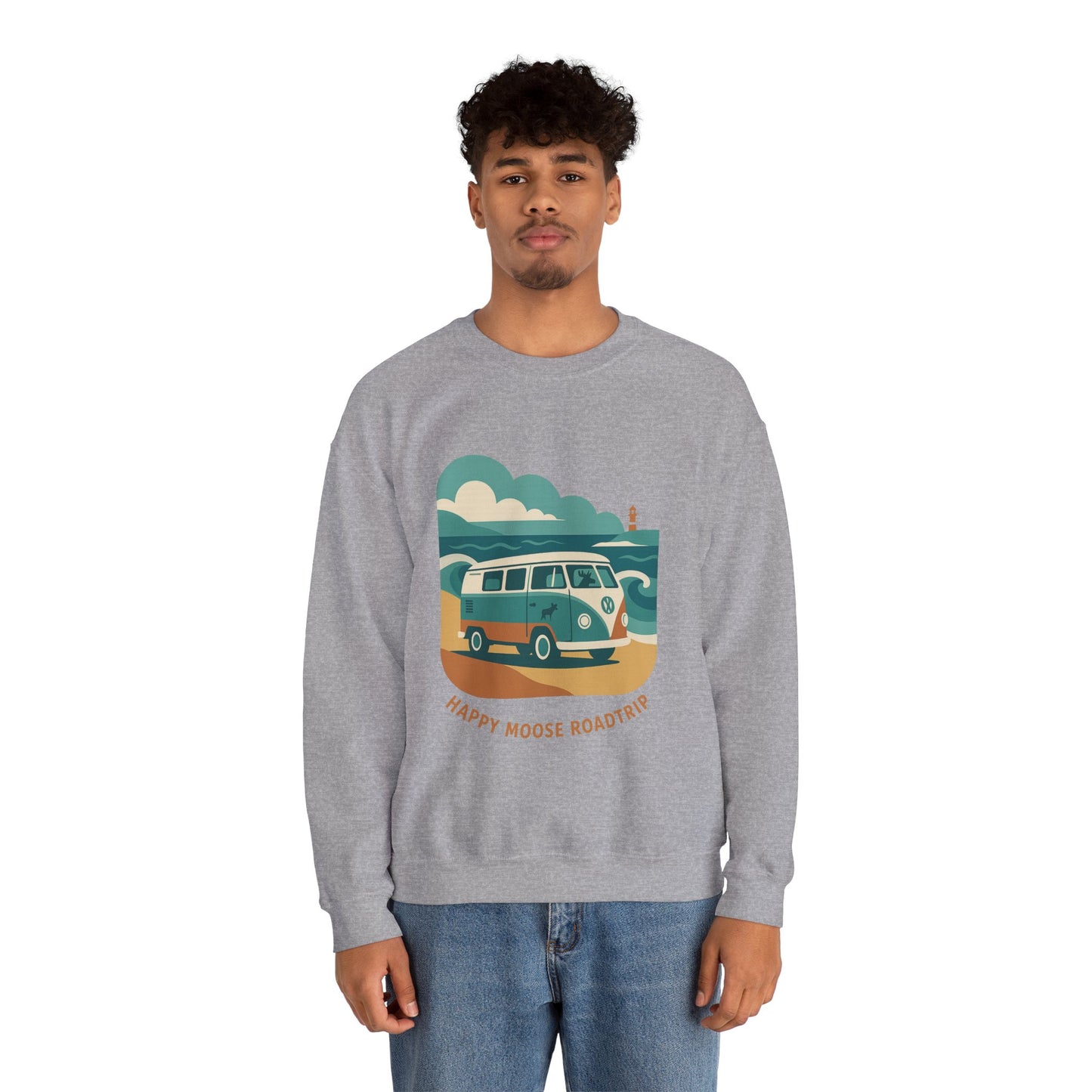 Road Trip Crewneck Sweatshirt — "Happy Moose Roadtrip" Vintage Van Graphic