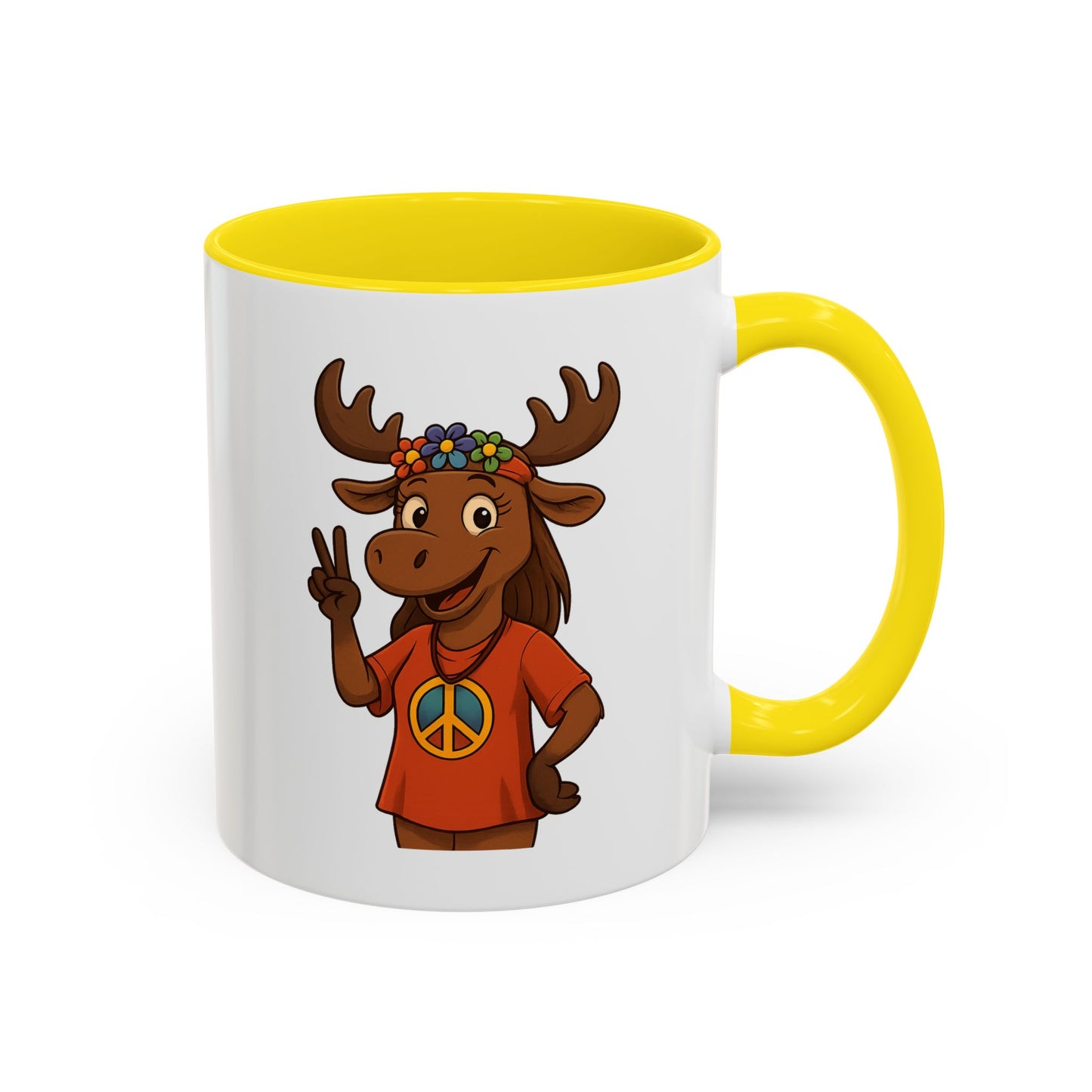 Peace Sign Moose Accent Coffee Mug — Hippie Moose with Flower Crown (11/15oz)