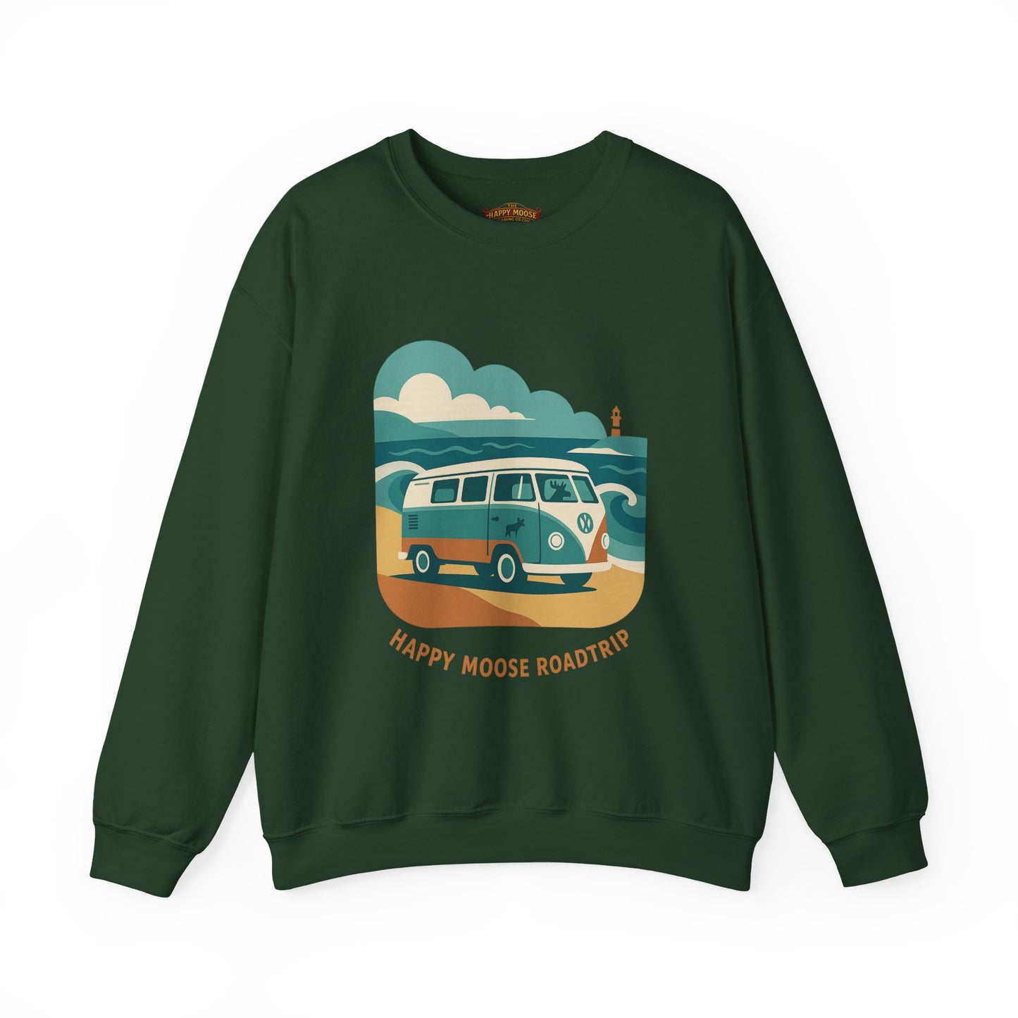 Road Trip Crewneck Sweatshirt — "Happy Moose Roadtrip" Vintage Van Graphic