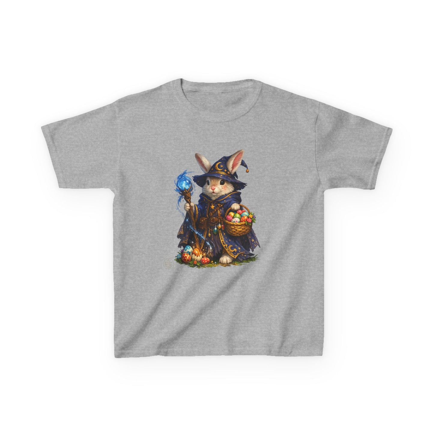 Kids Wizard Bunny T-Shirt — Cute Magic Rabbit with Staff & Basket of Treats