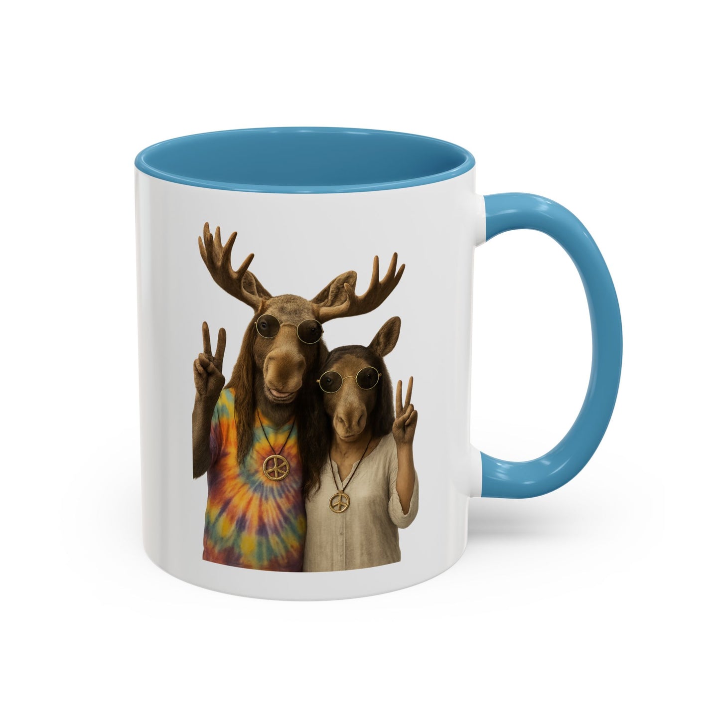 Peaceful Moose Couple Accent Coffee Mug — Hippie Tie-Dye Moose Peace Sign 11/15oz