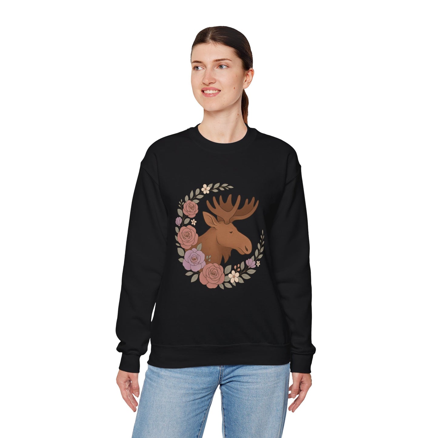 Moose Floral Crewneck Sweatshirt — Rustic Woodland Animal Sweatshirt