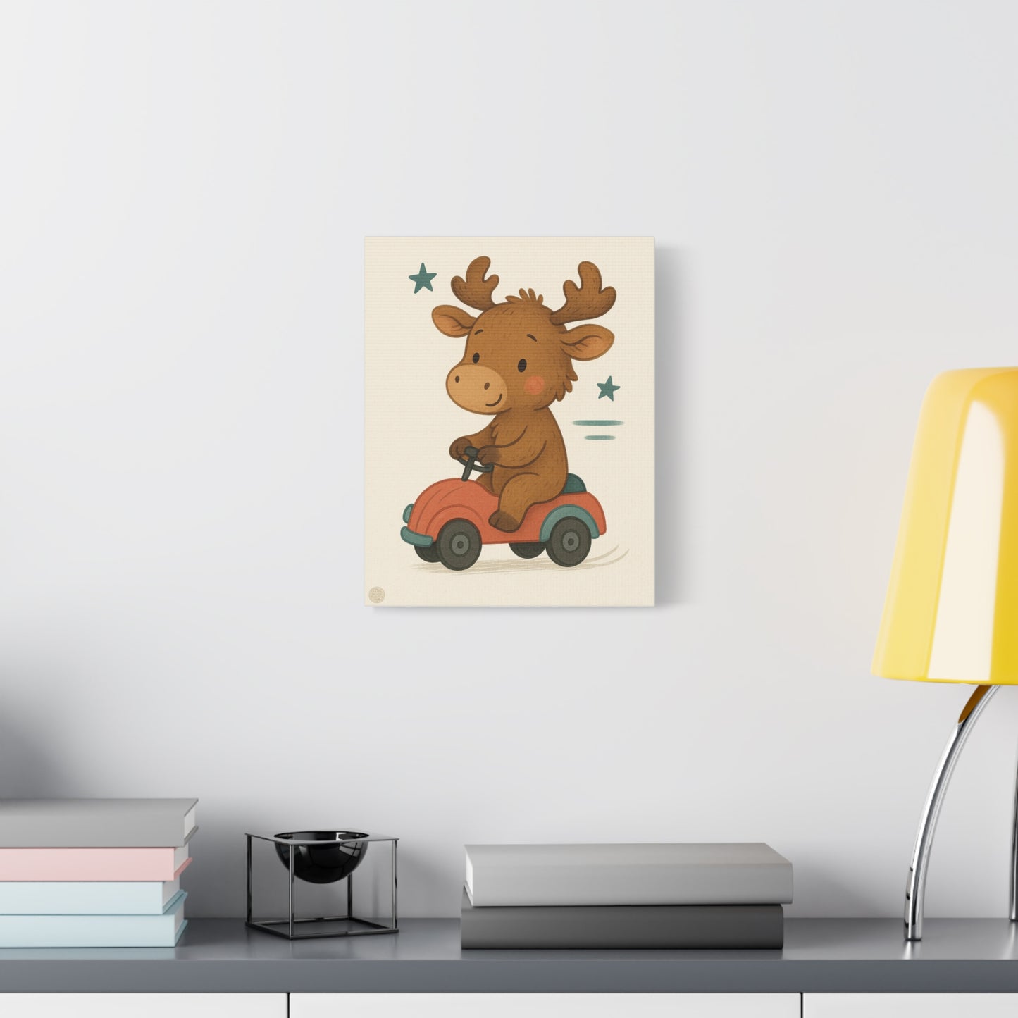 Cute Moose on Toy Car Canvas Print — Nursery Wall Art