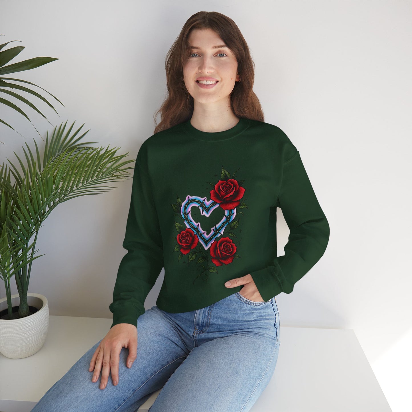 Heart & Roses Crewneck Sweatshirt — Gothic Floral Heart Design