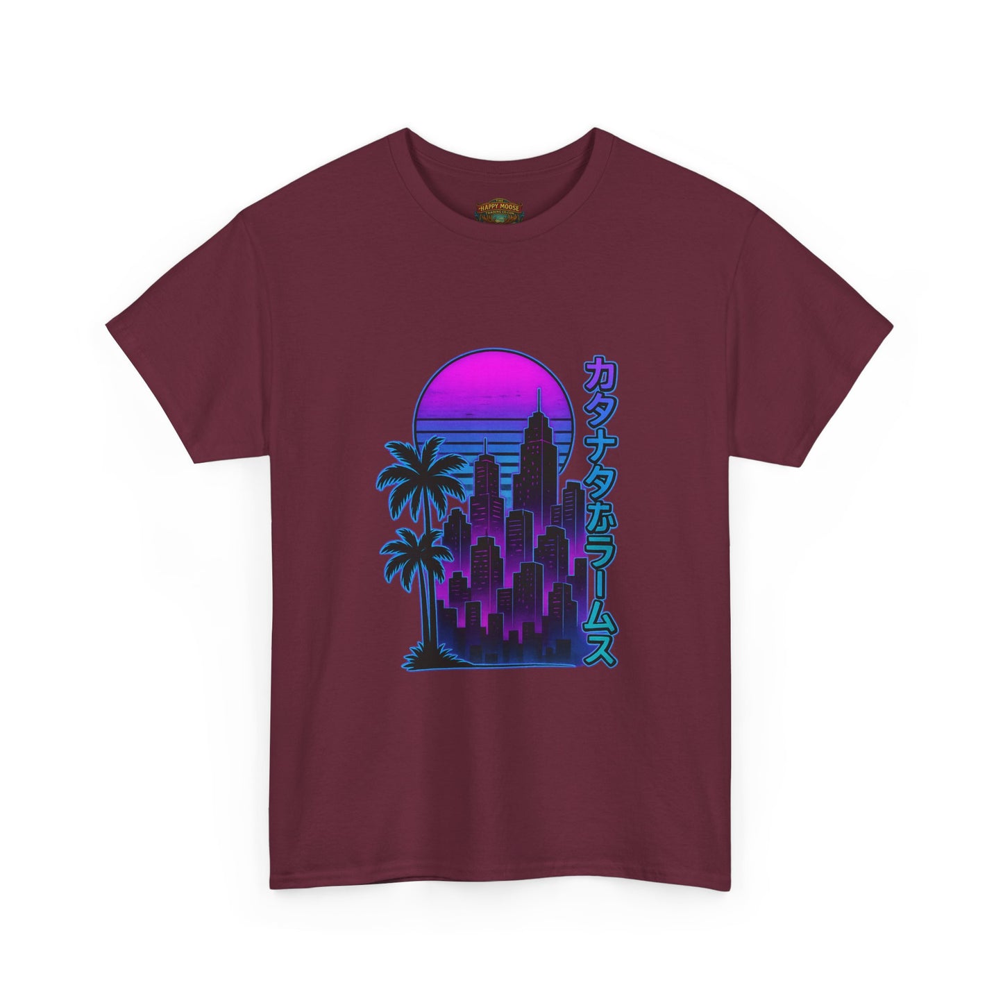 Retro Vaporwave Tee — Neon Sunset City with Palm Trees & Japanese Text