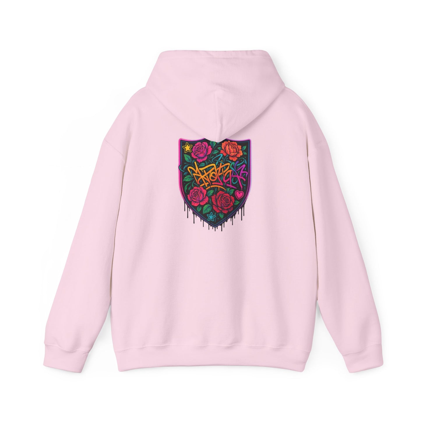 Graffiti Rose Shield Hoodie – Urban Floral Streetwear Sweatshirt