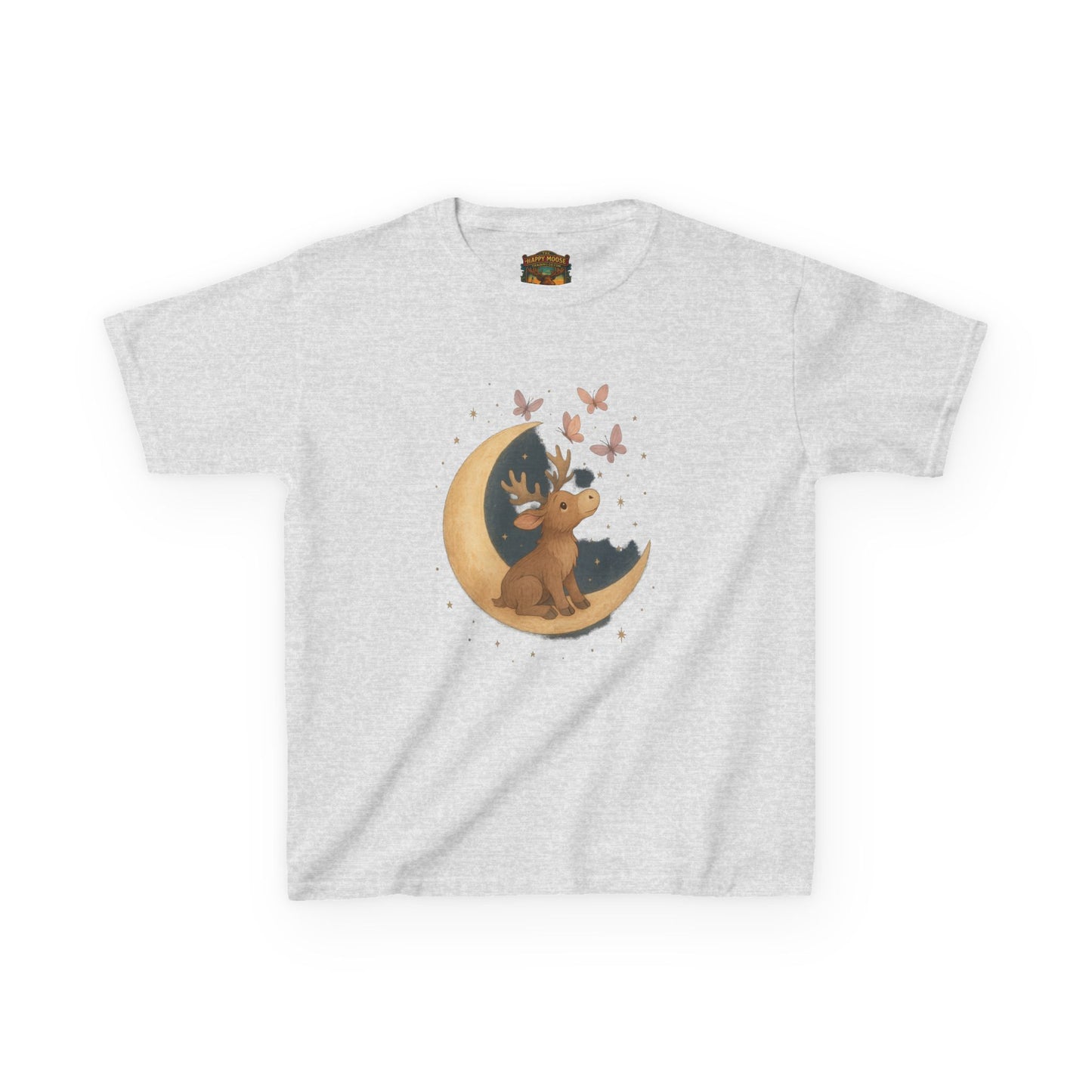 Kids Tee — Cute Puppy on Moon with Butterflies Graphic