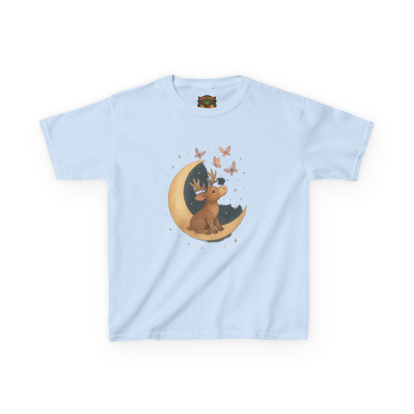 Kids Tee — Cute Puppy on Moon with Butterflies Graphic