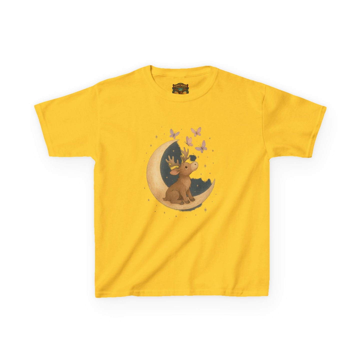 Kids Tee — Cute Puppy on Moon with Butterflies Graphic