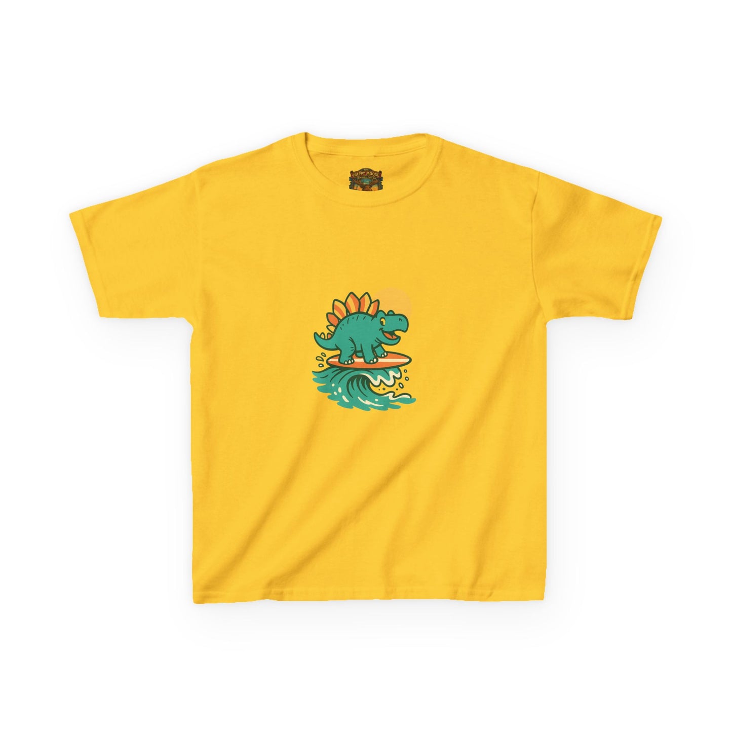 Kids Surfing Dinosaur T-Shirt — Cute Stegosaurus on Wave Graphic Tee
