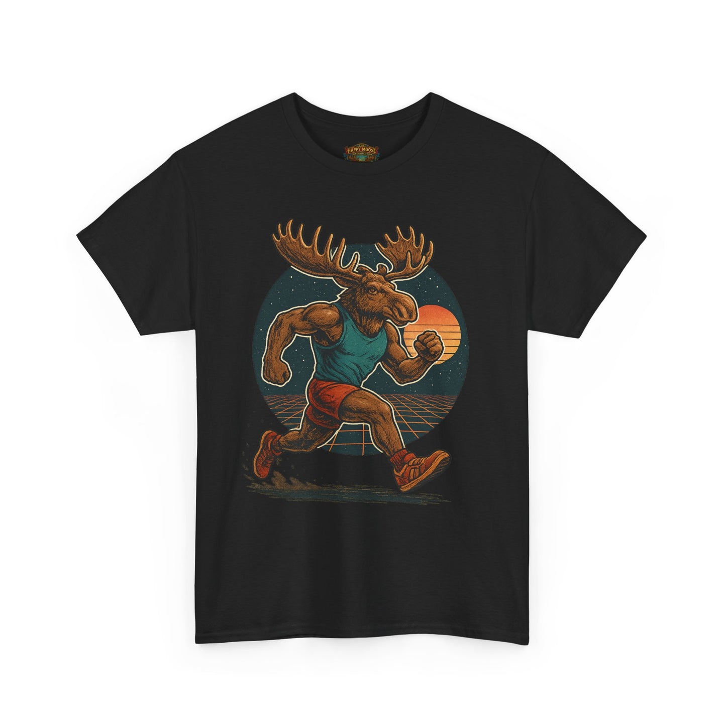 Running Moose Graphic Tee - Retro Sunset Jogging Animal Fitness Shirt