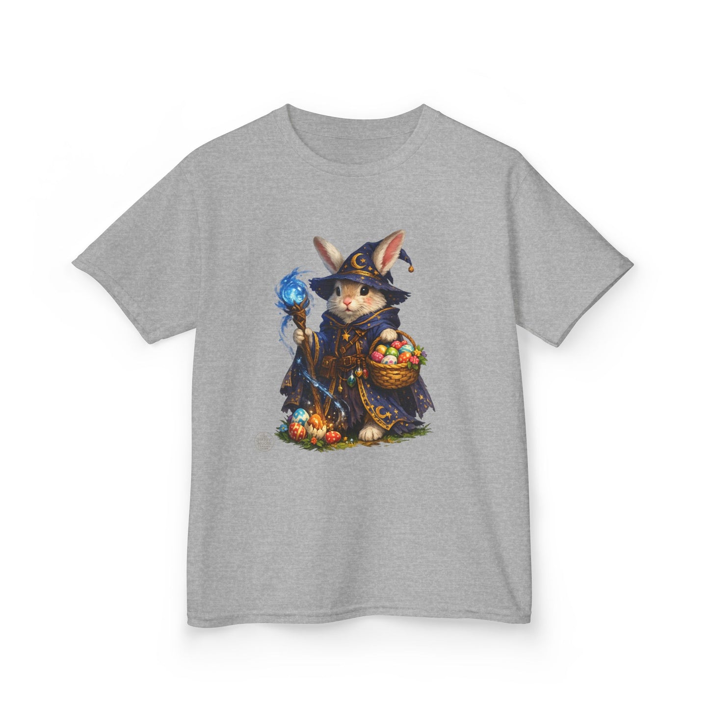 Kids Wizard Bunny T-Shirt — Cute Magic Rabbit with Staff & Basket of Treats