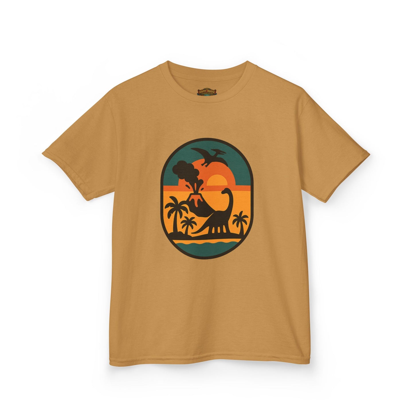 Kids T‑Shirt — Retro Tropical Dinosaur Sunset