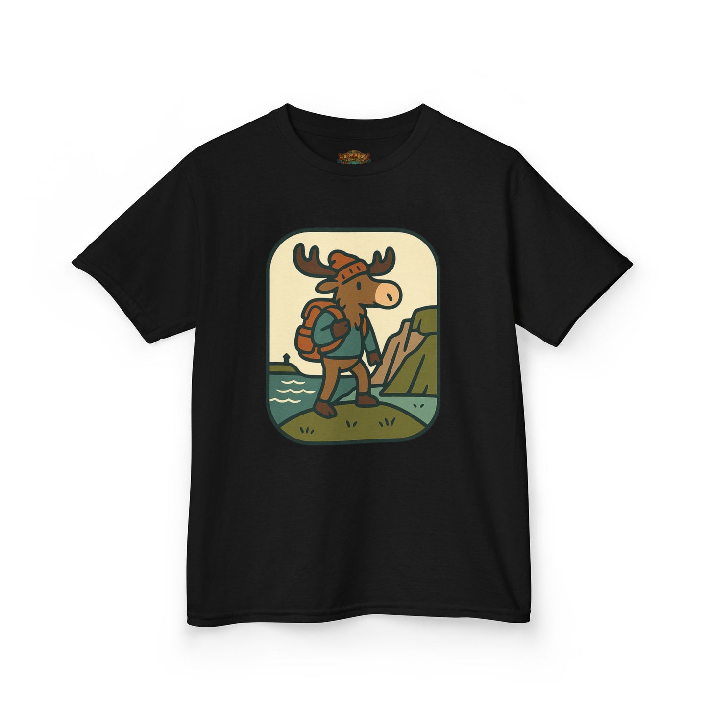 Kids Hiking Moose T‑Shirt — Cute Adventure Backpacker Tee for Boys & Girls