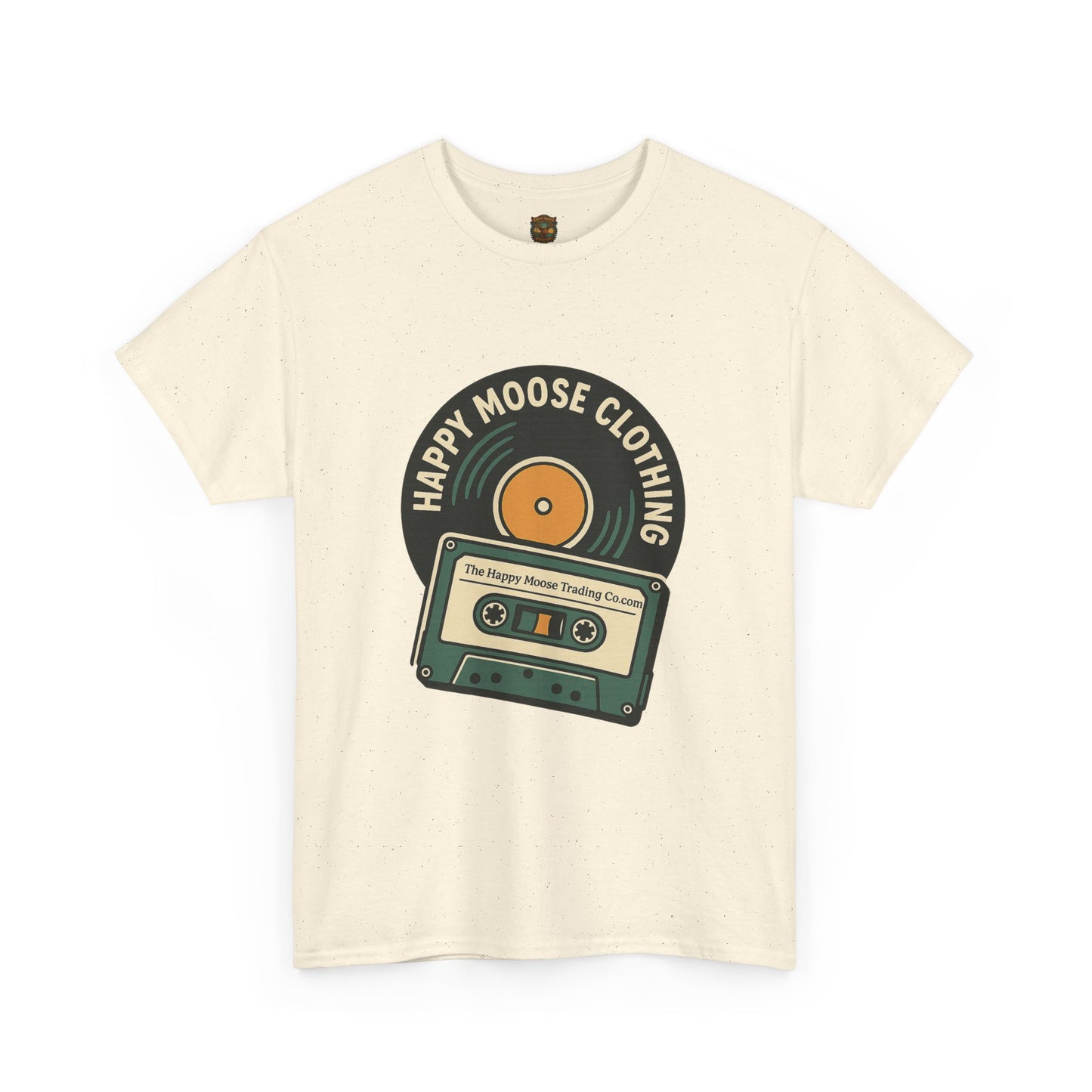 Cassette & Vinyl Retro Tee — “Happy Moose Clothing” Vintage Music Graphic T-Shirt