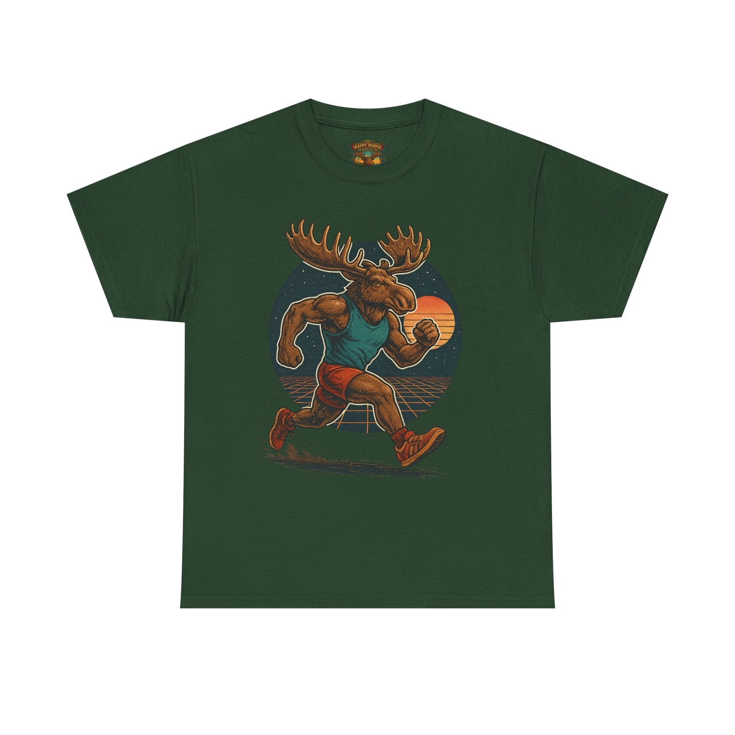 Running Moose Graphic Tee - Retro Sunset Jogging Animal Fitness Shirt