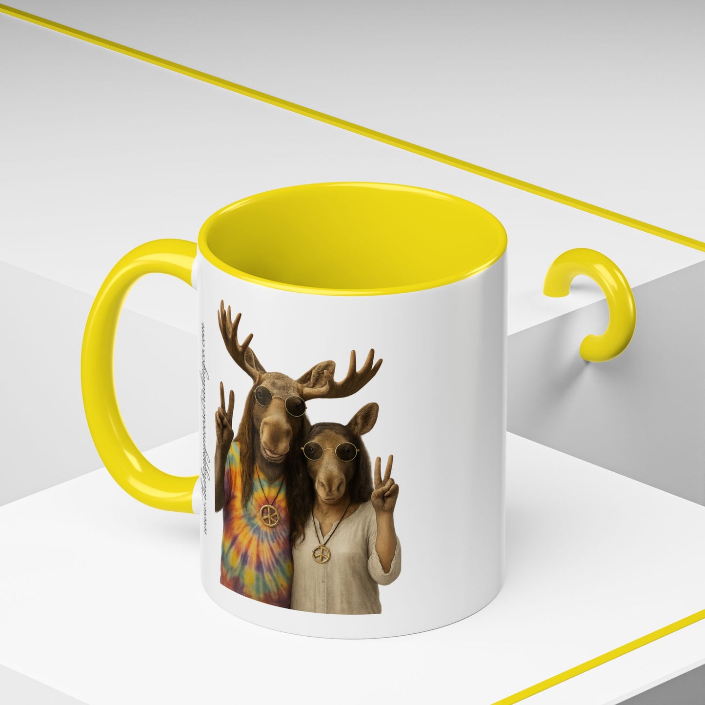Peaceful Moose Couple Accent Coffee Mug — Hippie Tie-Dye Moose Peace Sign 11/15oz